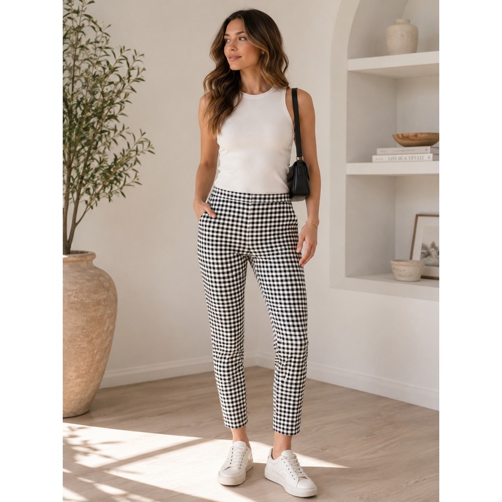 Theory Women's Classic Skinny Pants Sz 0 Black White Gingham Check Crop Stretch